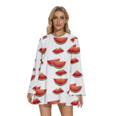 Summer Watermelon Pattern Round Neck Long Sleeve Bohemian Style Chiffon Mini Dress