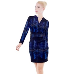 Illuminated Cityscape Against Blue Sky At Night Button Long Sleeve Dress by Modalart