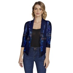 Illuminated Cityscape Against Blue Sky At Night Women s Draped Front 3/4 Sleeve Shawl Collar Jacket by Modalart