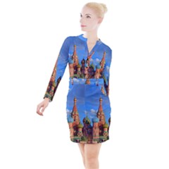 Architecture Building Cathedral Church Button Long Sleeve Dress by Modalart