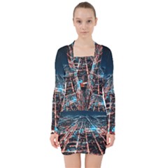 Aerial Shot Of Buildings V-neck Bodycon Long Sleeve Dress by Modalart