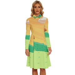 Green Field Illustration Adventure Time Multi Colored Long Sleeve Shirt Collar A-line Dress by Sarkoni