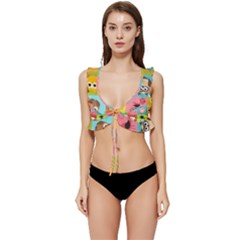 Owls Pattern Abstract Art Desenho Vector Cartoon Low Cut Ruffle Edge Bikini Top