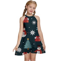 Snowmen Christmas Trees Kids  Halter Collar Waist Tie Chiffon Dress by Ravend