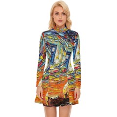 Tardis Starry Night Doctor Who Van Gogh Parody Long Sleeve Velour Longline Dress by Modalart