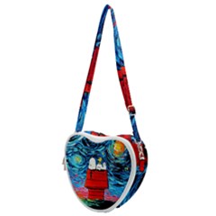 Red House Dog Cartoon Starry Night Heart Shoulder Bag by Modalart