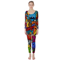 Graffiti Characters Seamless Pattern Long Sleeve Catsuit by Bedest