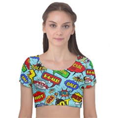 Comic Bubbles Seamless Pattern Velvet Short Sleeve Crop Top  by Bedest