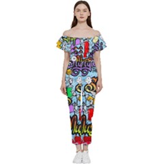 Graffiti Characters Seamless Patterns Bardot Ruffle Jumpsuit by Bedest