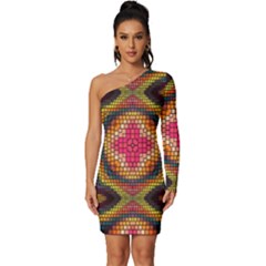 Kaleidoscope Art Pattern Ornament Long Sleeve One Shoulder Mini Dress by Hannah976