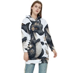 Cute Black Baby Dragon Flowers Painting (7) Women s Long Oversized Pullover Hoodie