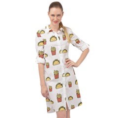 Fries Taco Pattern Fast Food Long Sleeve Mini Shirt Dress by Apen