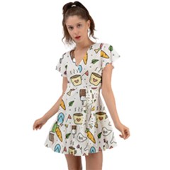 Doodle Fun Food Drawing Cute Flutter Sleeve Wrap Dress by Apen