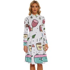 Doodle Fun Food Drawing Cute Long Sleeve Shirt Collar A-line Dress by Apen