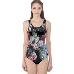 Floral Pattern, Red, Floral Print, E, Dark, Flowers One Piece Swimsuit