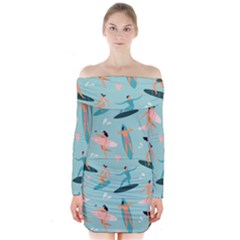 Beach Surfing Surfers With Surfboards Surfer Rides Wave Summer Outdoors Surfboards Seamless Pattern Long Sleeve Off Shoulder Dress by Bedest