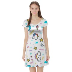 Unicorns Rainbows Seamless Pattern Short Sleeve Skater Dress by Bedest