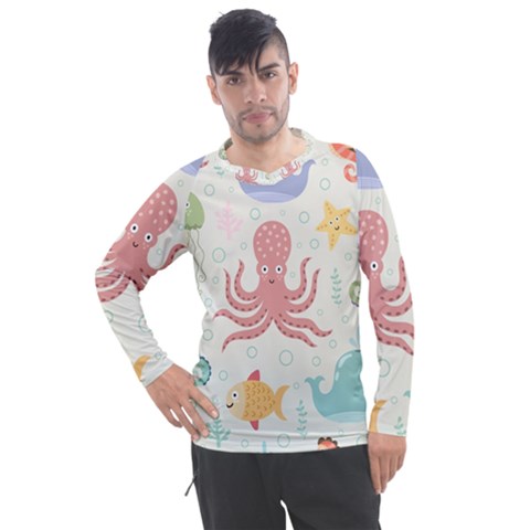 Underwater Seamless Pattern Light Background Funny Men s Pique Long Sleeve T-shirt by Bedest