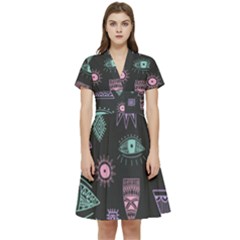 Vintage Seamless Pattern With Tribal Art African Style Drawing Short Sleeve Waist Detail Dress