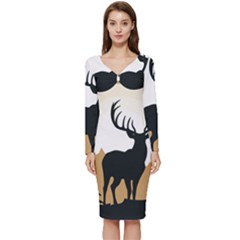 Deer Wildlife Nature Long Sleeve V-neck Bodycon Dress 