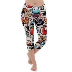 Comical Words Animals Comic Omics Crazy Graffiti Lightweight Velour Capri Yoga Leggings by Bedest