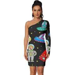 Seamless Pattern With Space Objects Ufo Rockets Aliens Hand Drawn Elements Space Long Sleeve One Shoulder Mini Dress by Hannah976