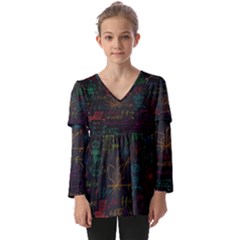 Mathematical Colorful Formulas Drawn By Hand Black Chalkboard Kids  V Neck Casual Top by Ravend