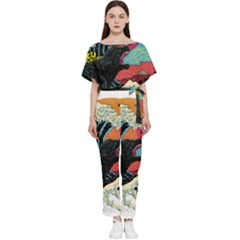 Retro Wave Kaiju Godzilla Japanese Pop Art Style Batwing Lightweight Chiffon Jumpsuit by Cendanart