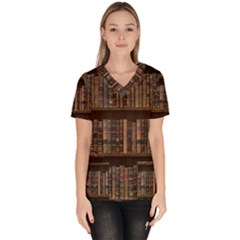 Old Bookshelf Orderly Antique Books Women s V-neck Scrub Top by Cendanart