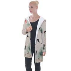 Japanese Crane Painting Of Bird Longline Hooded Cardigan by Cendanart