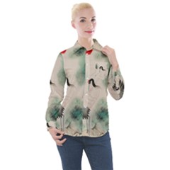 Japanese Crane Painting Of Bird Women s Long Sleeve Pocket Shirt