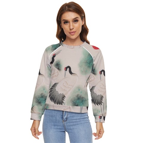 Japanese Crane Painting Of Bird Women s Long Sleeve Raglan T-shirt by Cendanart