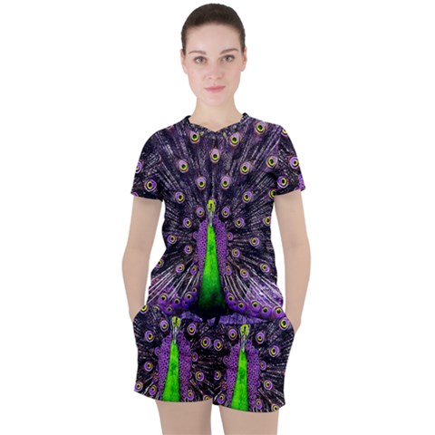 Peacock Bird Color Women s T-shirt And Shorts Set by Cendanart