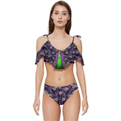 Peacock Bird Color Ruffle Edge Tie Up Bikini Set	 by Cendanart