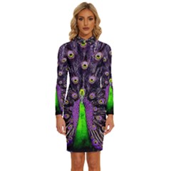 Peacock Bird Color Long Sleeve Shirt Collar Bodycon Dress by Cendanart