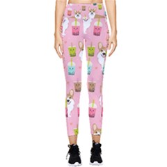 Corgi Bubble Boba Tea Pink Pattern Pocket Leggings  by Cendanart