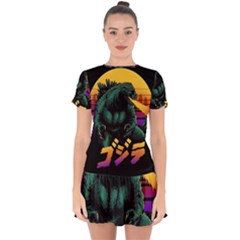 Godzilla Retrowave Drop Hem Mini Chiffon Dress by Cendanart