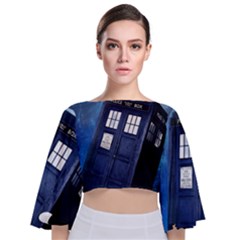 Tardis Doctor Who Space Blue Tie Back Butterfly Sleeve Chiffon Top by Cendanart