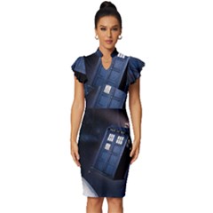 Tardis Doctor Who Planet Vintage Frill Sleeve V-neck Bodycon Dress by Cendanart