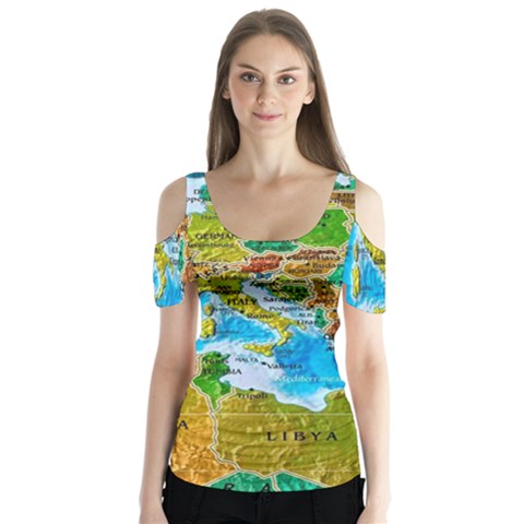 World Map Butterfly Sleeve Cutout T-shirt  by Ket1n9