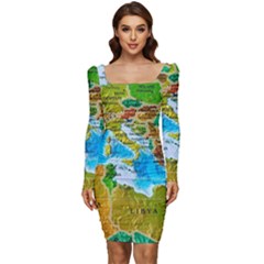 World Map Women Long Sleeve Ruched Stretch Jersey Dress by Ket1n9