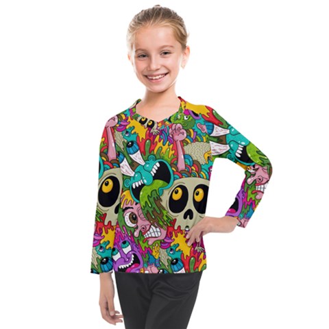 Crazy Illustrations & Funky Monster Pattern Kids  Long Mesh T-shirt by Ket1n9