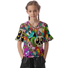 Crazy Illustrations & Funky Monster Pattern Kids  V-neck Horn Sleeve Blouse by Ket1n9