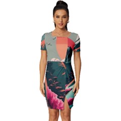 Mountain Landscape Sky Fuji Nature Fitted Knot Split End Bodycon Dress by Cendanart