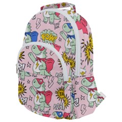 Seamless Pattern With Many Funny Cute Superhero Dinosaurs T-rex Mask Cloak With Comics Style Inscrip Rounded Multi Pocket Backpack by Ket1n9