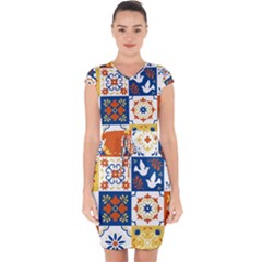 Mexican Talavera Pattern Ceramic Tiles With Flower Leaves Bird Ornaments Traditional Majolica Style Capsleeve Drawstring Dress  by Ket1n9