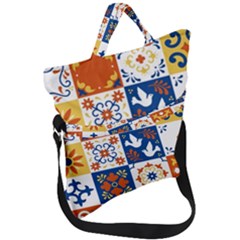 Mexican Talavera Pattern Ceramic Tiles With Flower Leaves Bird Ornaments Traditional Majolica Style Fold Over Handle Tote Bag by Ket1n9