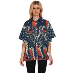 Vintage Retro Space Posters Astronaut Women s Batwing Button Up Shirt