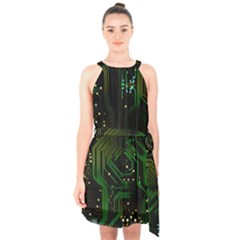 Circuits Circuit Board Green Technology Halter Collar Waist Tie Chiffon Dress by Ndabl3x