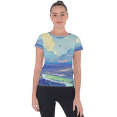 Mountains And Trees Illustration Painting Clouds Sky Landscape Short Sleeve Sports Top  by Cendanart